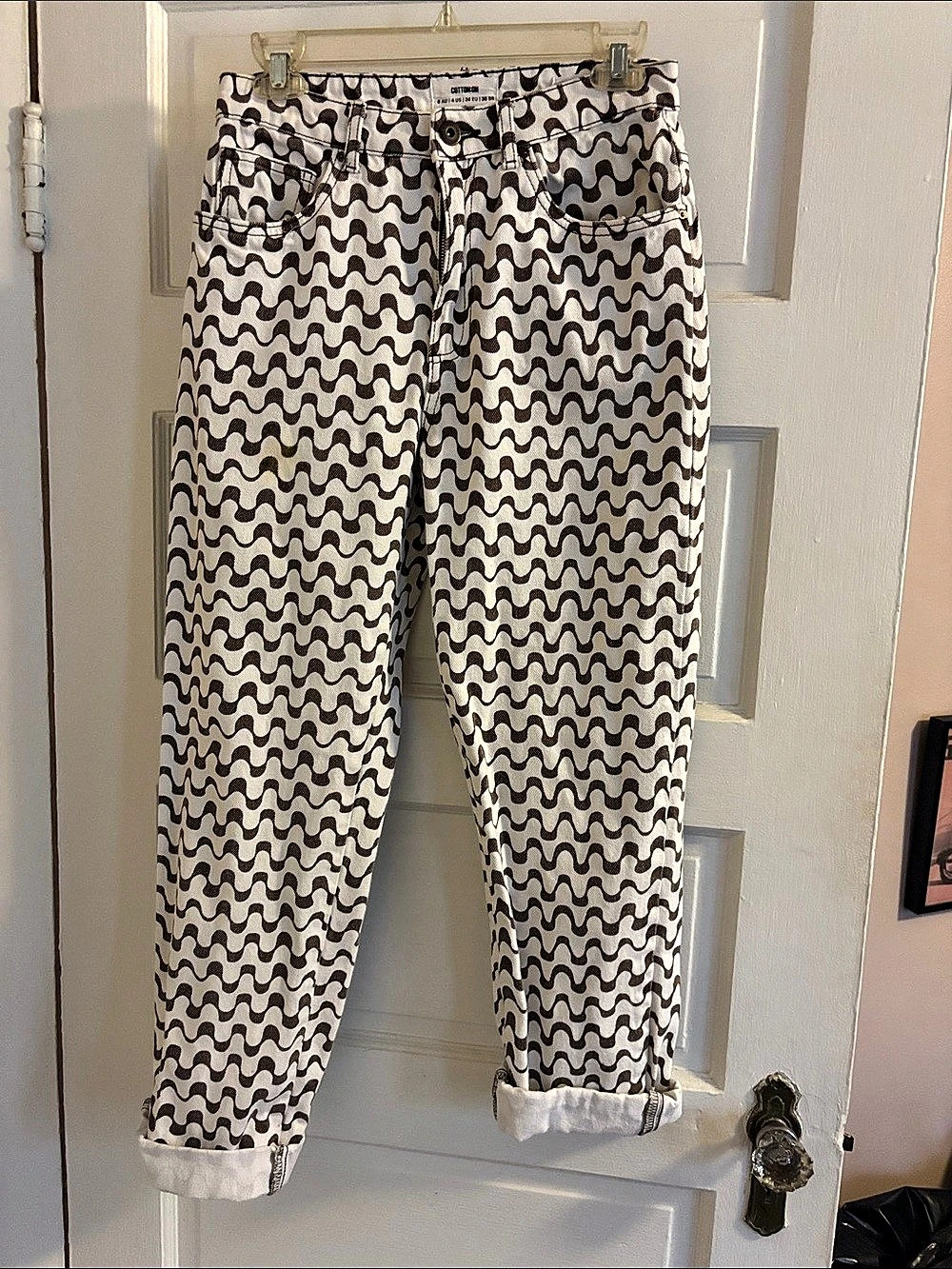 Cotton On Wavy Print Straight Leg Jeans Abstract Ankle Jeans in Brown & White